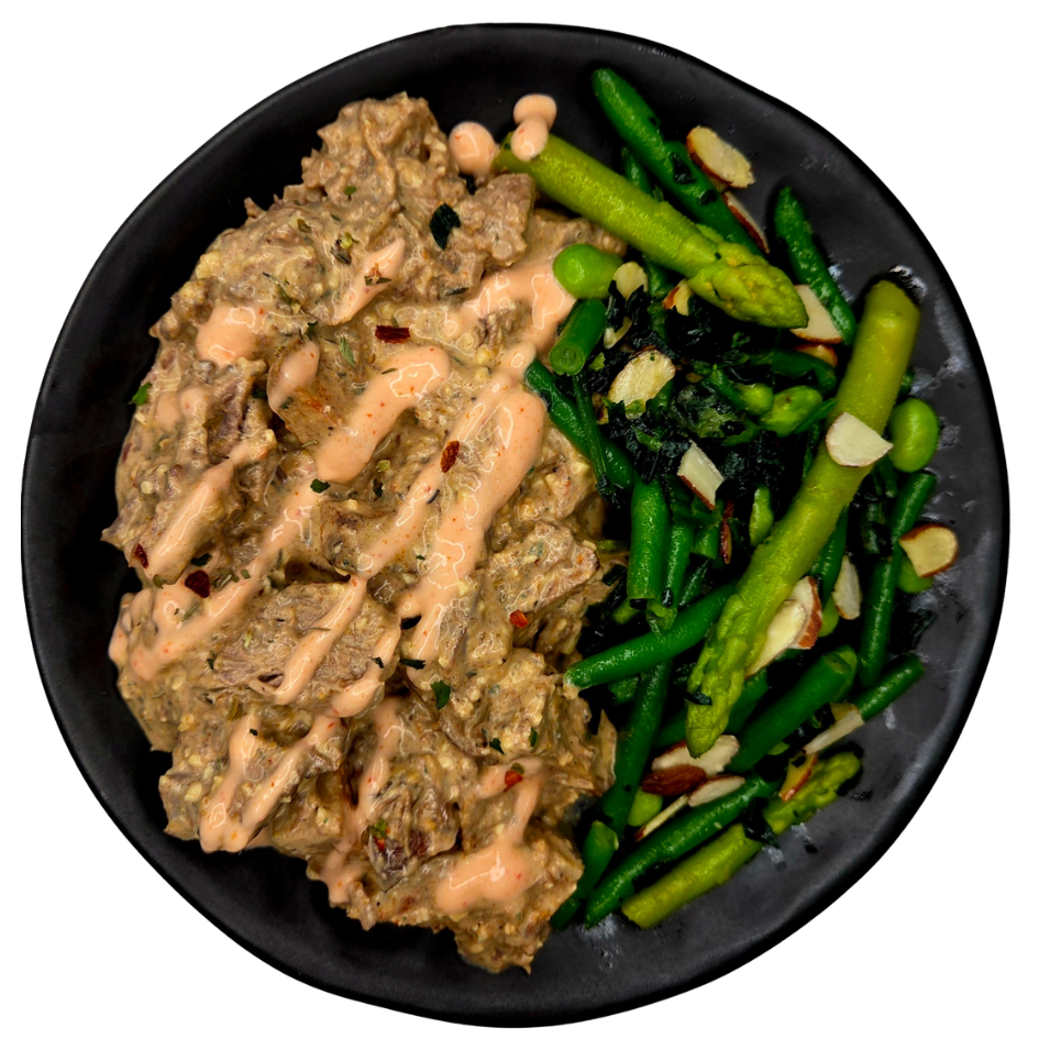 Garlic Steak Potato Bake & Sautéed Veg