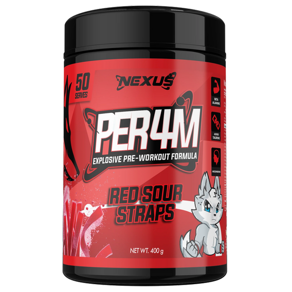 Nexus Per4m Pre-Workout Red Sour Straps 50 Serves – high protein ready-made meal, snap-frozen and delivered NZ wide by MealPrep.nz