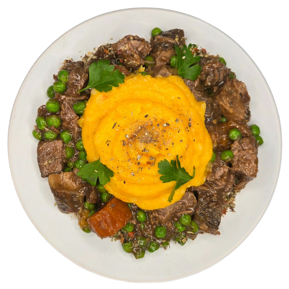 Red wine beef casserole with vegetable mash