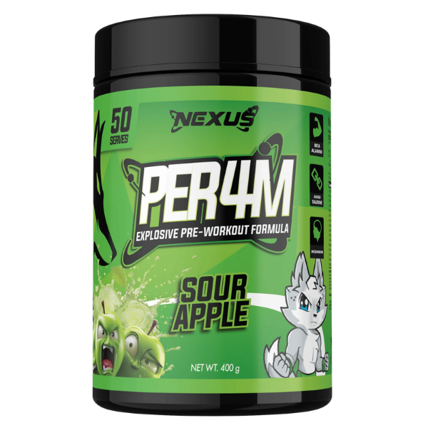 Nexus Per4m Pre-Workout Sour Apple 50 Serves – high protein ready-made meal, snap-frozen and delivered NZ wide by MealPrep.nz