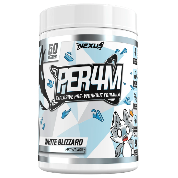Nexus Per4m Pre-Workout White Blizzard 50 Serves – high protein ready-made meal, snap-frozen and delivered NZ wide by MealPrep.nz