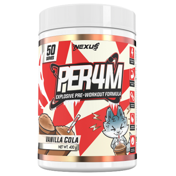 Nexus Per4m Pre-Workout Vanilla Cola 50 Serves – high protein ready-made meal, snap-frozen and delivered NZ wide by MealPrep.nz