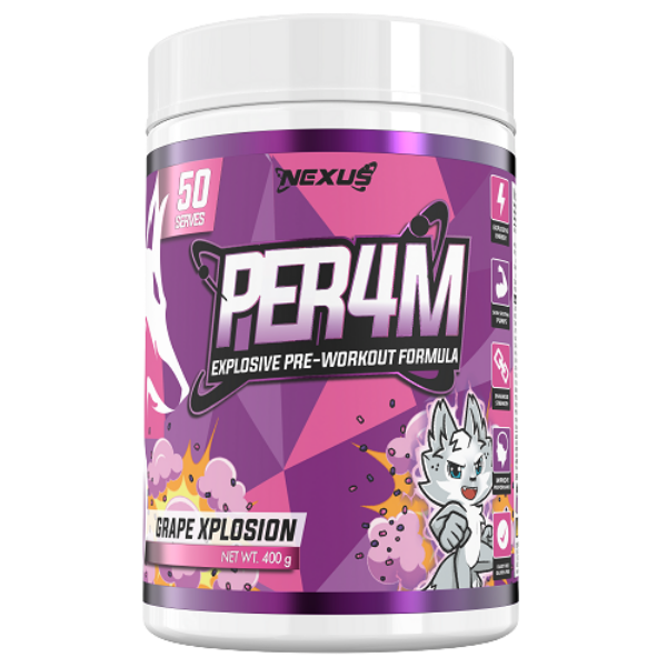 Nexus Per4m Pre-Workout Grape Xplosion 50 Serves – high protein ready-made meal, snap-frozen and delivered NZ wide by MealPrep.nz
