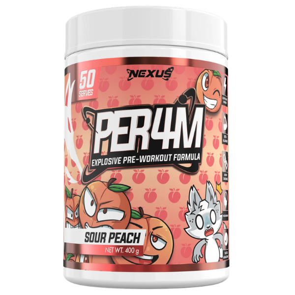 Nexus Per4m Pre-Workout Sour Peach 50 Serves – high protein ready-made meal, snap-frozen and delivered NZ wide by MealPrep.nz