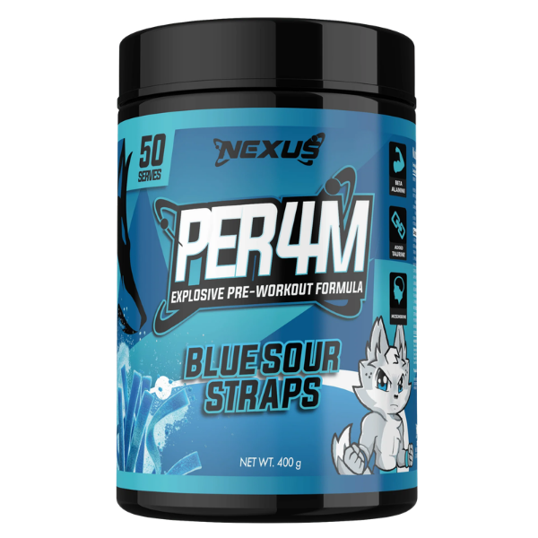 Nexus Per4m Pre-Workout Blue Sour Straps 50 Serves – high protein ready-made meal, snap-frozen and delivered NZ wide by MealPrep.nz