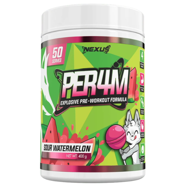 Nexus Per4m Pre-Workout Sour Watermelon 50 Serves – high protein ready-made meal, snap-frozen and delivered NZ wide by MealPrep.nz