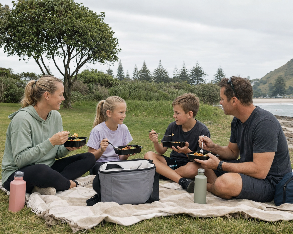 Family sharing Meal Prep meals together outdoors