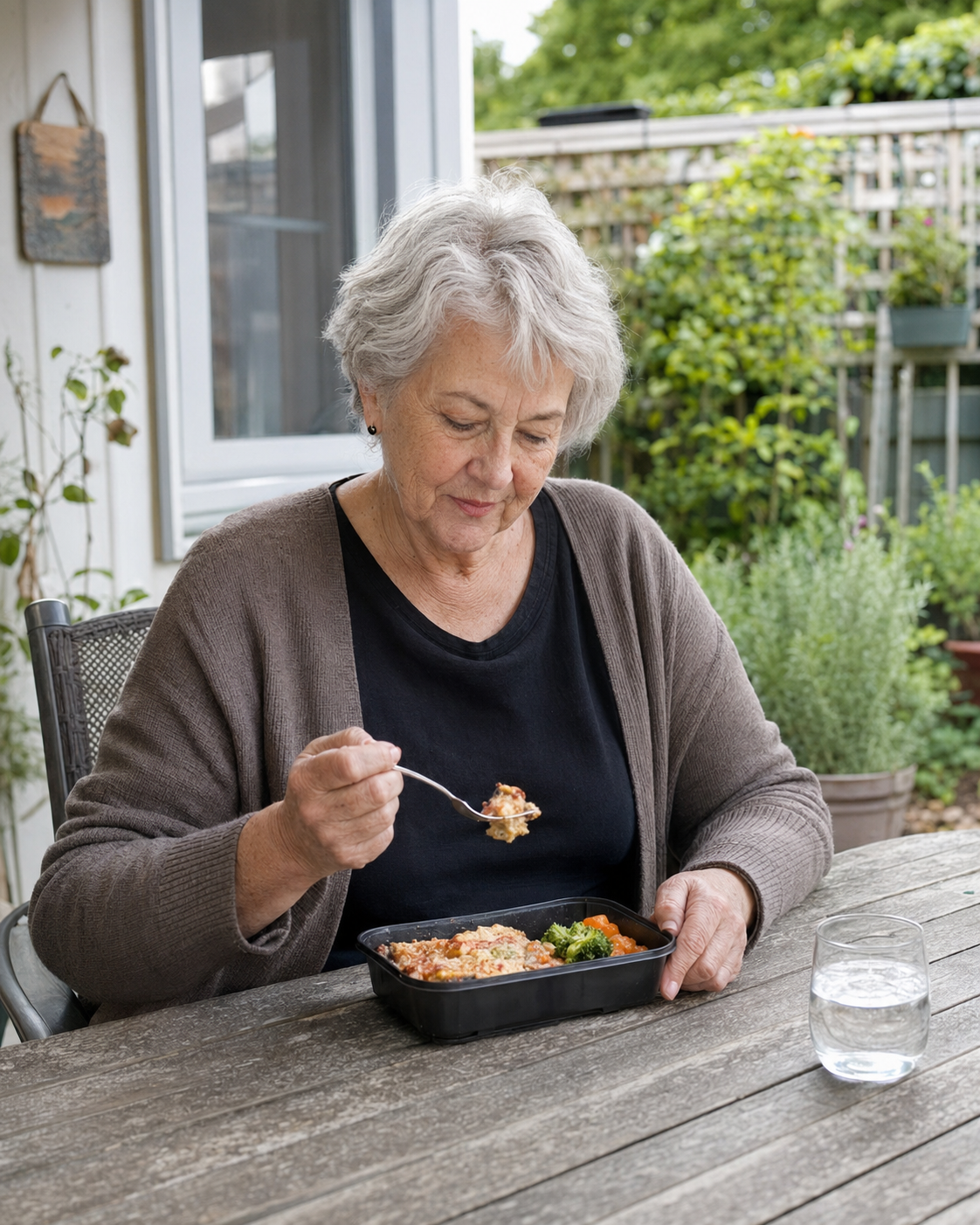 An older woman eating a MealPrep.nz meal at home