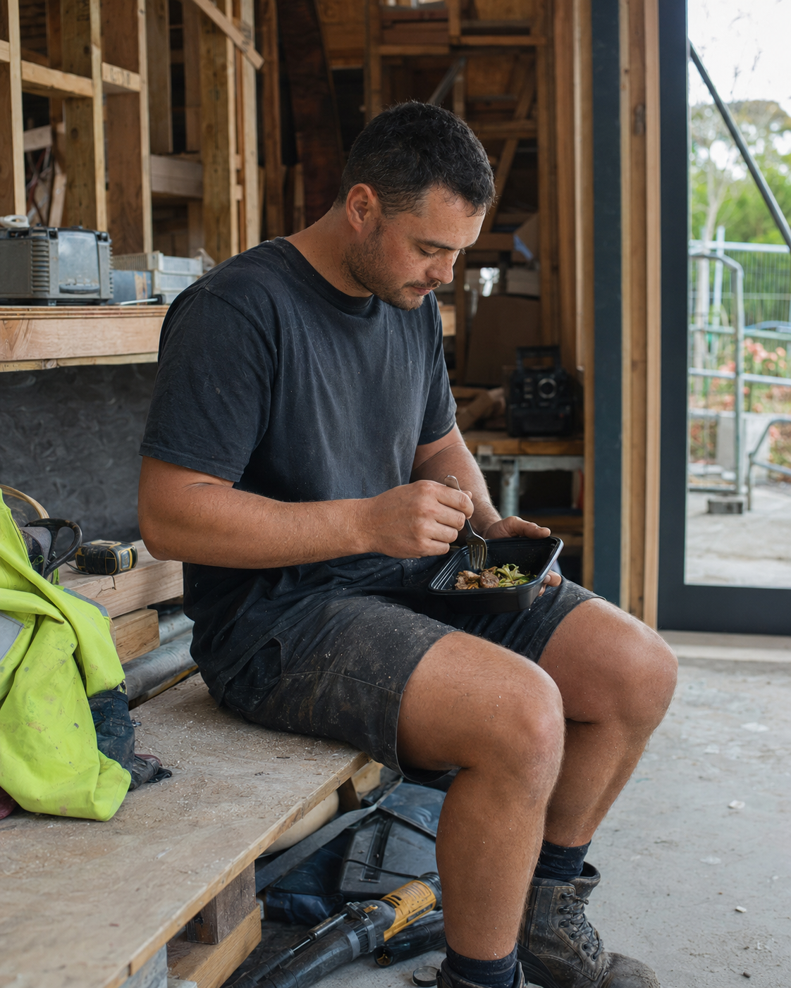 Liam, who lost 38kg with MealPrep, eating a meal on his lunch break
