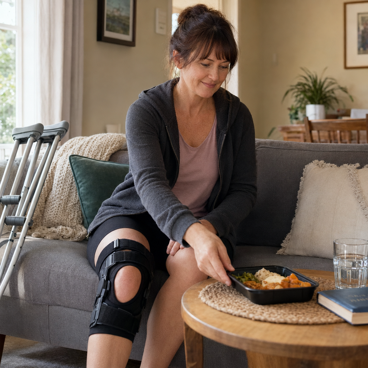 Woman recovering at home with a chef-made ready meal